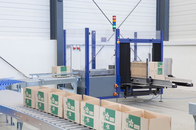 Kartonaufrichter stellt Leerkartons zur Befüllung bereit Kartonaufrichter stellt Leerkartons zur Befüllung bereit